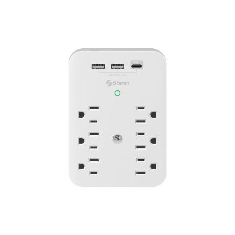 Clavija adaptadora de 6 contactos polarizados y triple cargador USB