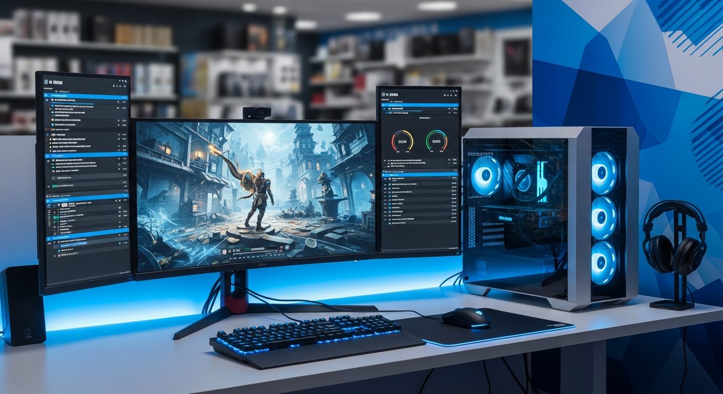 Equipo de cómputo moderno con iluminación azul sobre escritorio