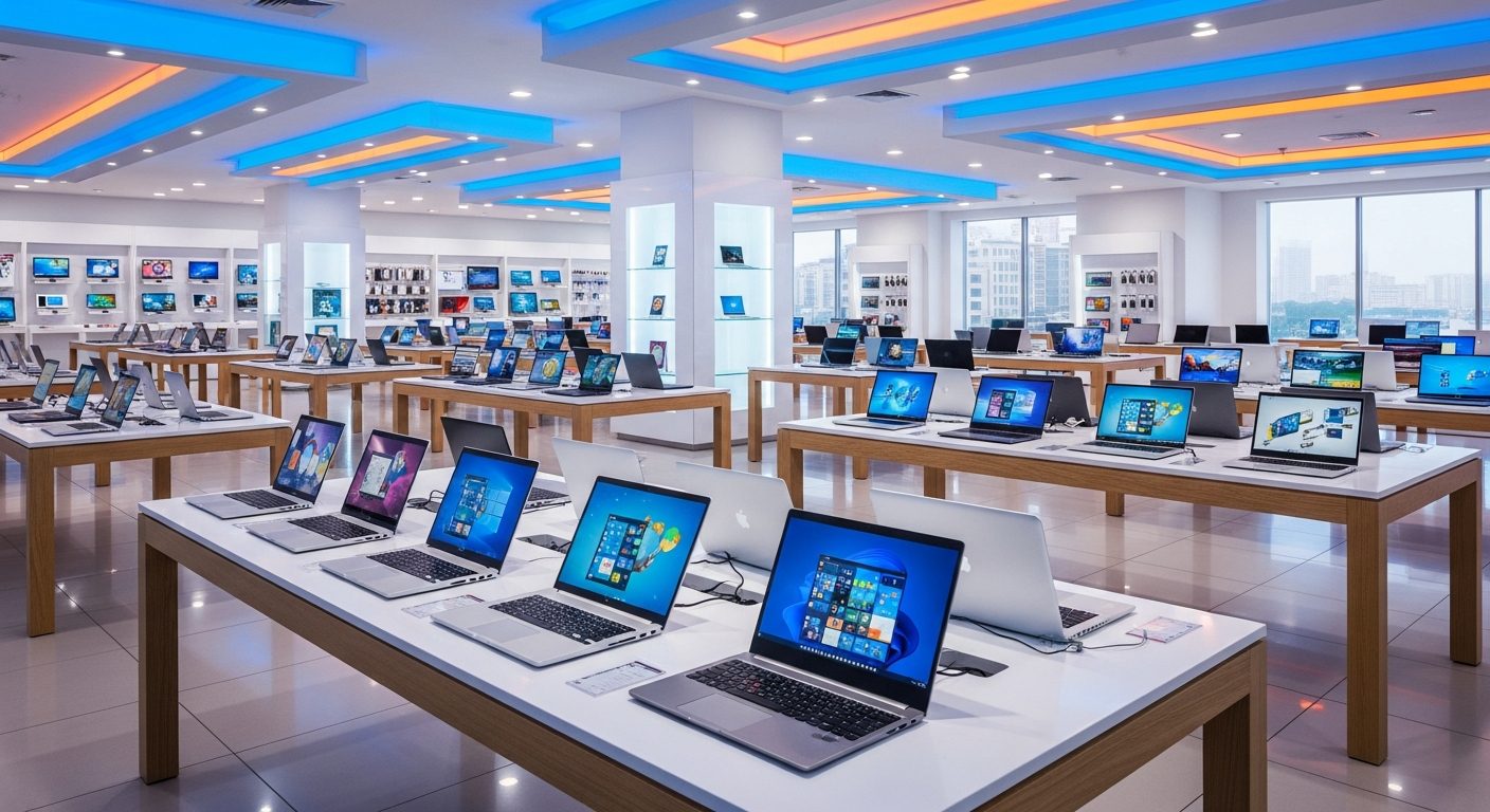 Laptops en exhibición en tienda de electrónica