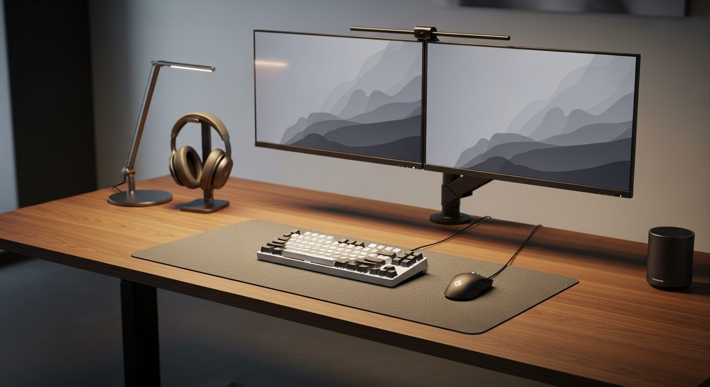 Estación de trabajo con dos monitores y accesorios